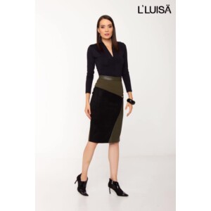 L'Luisa ceruzaszoknya színtömbös bőrberakásos khaki-fekete